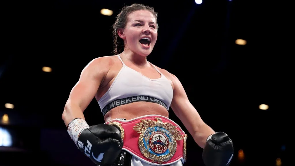 Sandy Ryan celebrates after defeating Marie Pier Houle during the WBO Welterweight World Title Fight fight between Sandy Ryan and Marie Pier Houle at Motorpoint Arena Cardiff on April 22, 2023. (Source: James Chance/Getty Images)