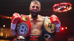 Anthony Cacace poses for a photo with the title belts after victory over Joe Cordina following the IBF and IBO World Super Featherweight titles' fight in 2024.