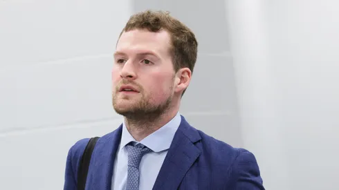 Alexis Lafreniere #13 of the New York Rangers arrives for the game against the New York Islanders at UBS Arena on April 10, 2025 in Elmont, New York.