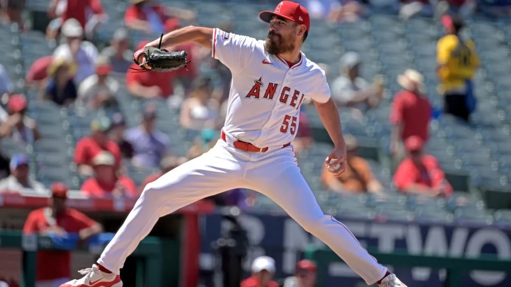 Matt Moore delivers the pitch in the fifth inning against the Oakland Athletics at Angel Stadium of Anaheim on June 26, 2024 in Anaheim, California. (Photo by Jayne Kamin-Oncea/Getty Images)