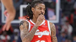 Ja Morant #12 of the Memphis Grizzlies reacts during the first half against the Minnesota Timberwolves at FedExForum on April 10, 2025 in Memphis, Tennessee.