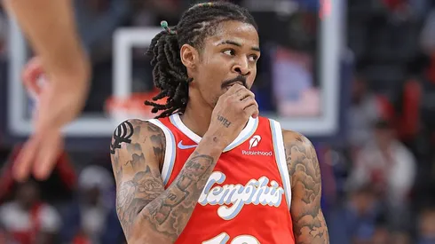 Ja Morant #12 of the Memphis Grizzlies reacts during the first half against the Minnesota Timberwolves at FedExForum on April 10, 2025 in Memphis, Tennessee.
