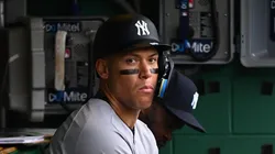 Aaron Judge #99 of the New York Yankees looks on from the dugout during the game against the Pittsburgh Pirates at PNC Park on April 6, 2025 in Pittsburgh, Pennsylvania.