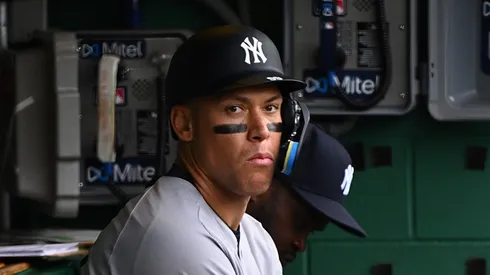 Aaron Judge #99 of the New York Yankees looks on from the dugout during the game against the Pittsburgh Pirates at PNC Park on April 6, 2025 in Pittsburgh, Pennsylvania.