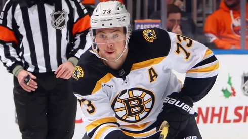 Charlie McAvoy #73 of the Boston Bruins skates against the New York Islanders at UBS Arena on November 27, 2024 in Elmont, New York.