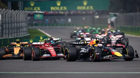 Max Verstappen driving the (1) Oracle Red Bull Racing RB20 leads Carlos Sainz driving (55) the Ferrari SF-24 and Lando Norris driving the (4) McLaren MCL38 Mercedes at the start during the F1 Grand Prix of Mexico in 2024.