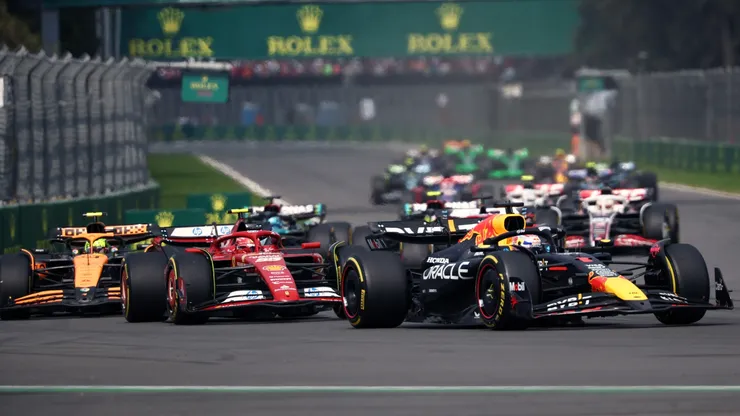 Max Verstappen driving the (1) Oracle Red Bull Racing RB20 leads Carlos Sainz driving (55) the Ferrari SF-24 and Lando Norris driving the (4) McLaren MCL38 Mercedes at the start during the F1 Grand Prix of Mexico in 2024.