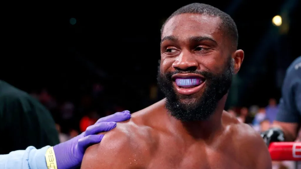 Jaron Ennis reacts after defeating Thomas Dulorme in a welterweight bout at Michelob ULTRA Arena on October 30, 2021 in Las Vegas, Nevada. Ennis won the fight with a first-round knockout. (Photo by Steve Marcus/Getty Images)