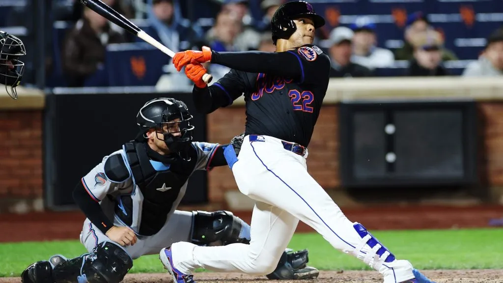 Juan Soto #22 of the New York Mets hits an RBI double during the third inning against the Miami Marlins at Citi Field on April 07, 2025 in the Queens borough of New York City. (Photo by Sarah Stier/Getty Images)