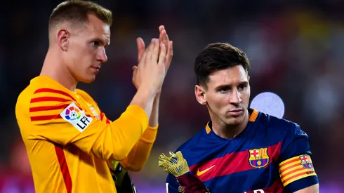 Marc-Andre Ter Stegen (L) and Lionel Messi of FC Barcelona look on during the Joan Gamper trophy match at Camp Nou.