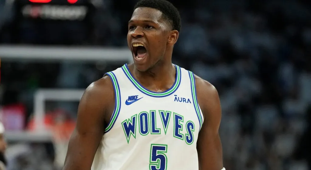 Anthony Edwards celebrating with Minnesota Timberwolves against Phoenix Suns