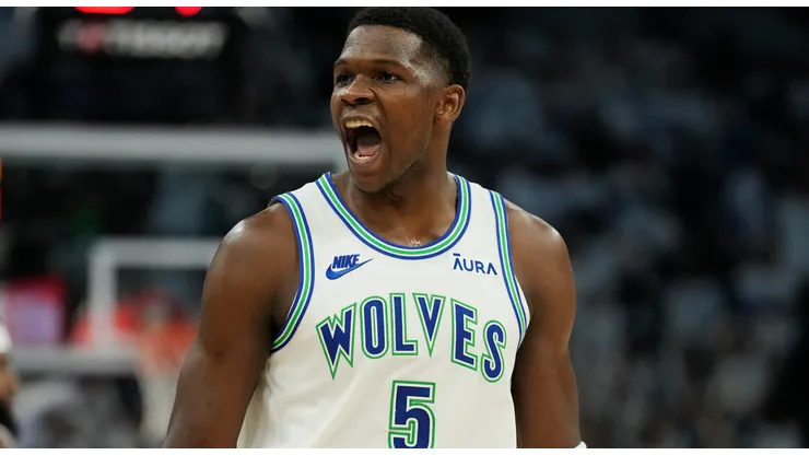 Anthony Edwards #5 of the Minnesota Timberwolves celebrates during the second half in game one of the Western Conference First Round Playoffs against the Phoenix Suns at Target Center on April 20, 2024 in Minneapolis, Minnesota.