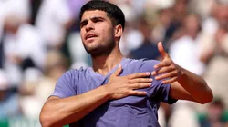 Carlos Alcaraz celebrates winning match point against Arthur Fils in the Monte-Carlo Masters quarterfinals.