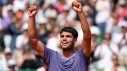 Carlos Alcaraz of Spain celebrates winning match point against Arthur Fils of France in the Monte-Carlo Masters.
