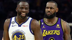 LeBron James #6 of the Los Angeles Lakers and Draymond Green #23 of the Golden State Warriors react during the 3rd quarter of the game at Chase Center on October 18, 2022 in San Francisco, California.