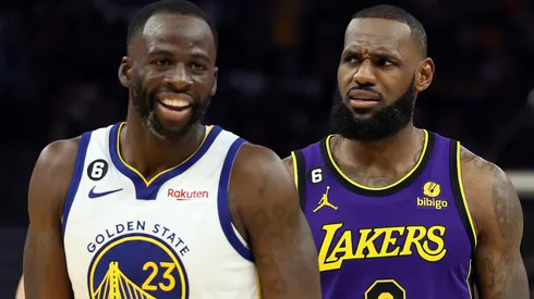 LeBron James #6 of the Los Angeles Lakers and Draymond Green #23 of the Golden State Warriors react during the 3rd quarter of the game at Chase Center on October 18, 2022 in San Francisco, California.