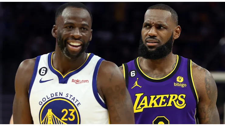 LeBron James #6 of the Los Angeles Lakers and Draymond Green #23 of the Golden State Warriors react during the 3rd quarter of the game at Chase Center on October 18, 2022 in San Francisco, California.