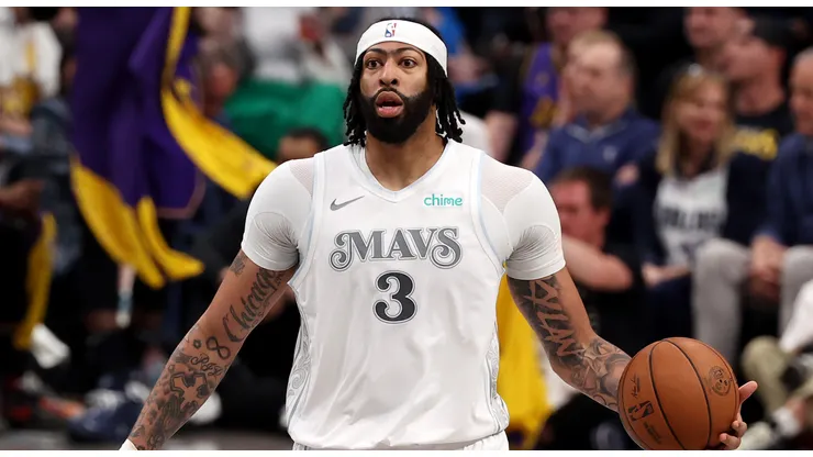 Anthony Davis #3 of the Dallas Mavericks dribbles the ball against the Los Angeles Lakers during the second quarter at American Airlines Center on April 09, 2025 in Dallas, Texas.