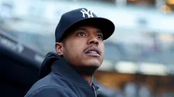 Marcus Stroman #0 of the New York Yankees looks on from the dugout before the game against the Arizona Diamondbacks at Yankee Stadium on April 01, 2025 in the Bronx borough of New York City.