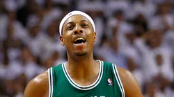 Paul Pierce #34 of the Boston Celtics reacts after he made a 3-point basket in the final minute of the fourt quarter to give the Celtics