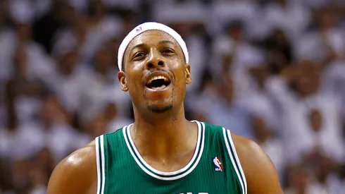 Paul Pierce #34 of the Boston Celtics reacts after he made a 3-point basket in the final minute of the fourt quarter to give the Celtics