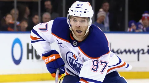 Connor McDavid #97 of the Edmonton Oilers skates against the New York Rangers at Madison Square Garden on March 16, 2025 in New York City.