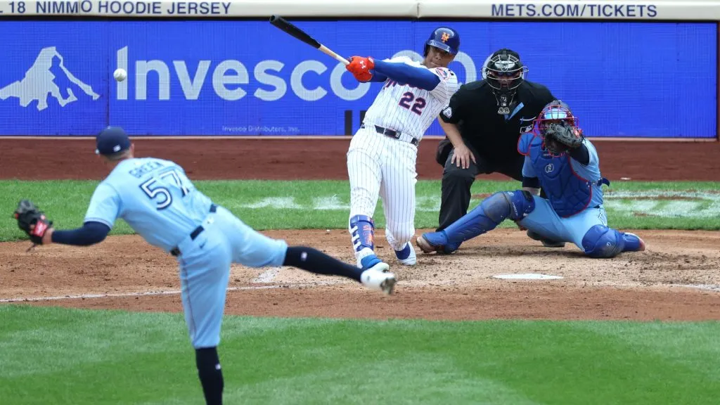 Juan Soto #22 of the New York Mets doubles against Chad Green #57 of the Toronto Blue Jays during their game at Citi Field on April 06, 2025 in New York City. (Photo by Al Bello/Getty Images)