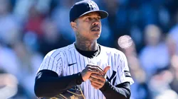 Marcus Stroman #0 of the New York Yankees looks on in the first inning of a Grapefruit League spring training game against the Tampa Bay Rays at George M. Steinbrenner Field on February 21, 2025 in Tampa, Florida.