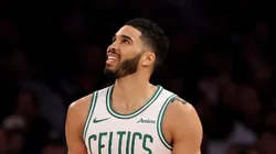 Jayson Tatum #0 of the Boston Celtics reacts in the first half against the New York Knicks