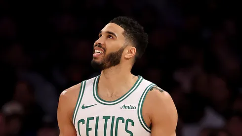 Jayson Tatum #0 of the Boston Celtics reacts in the first half against the New York Knicks