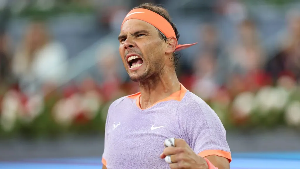 Rafael Nadal of Spain celebrates winning a point against Jiri Lehecka of the Czech Republic. (Clive Brunskill/Getty Images)