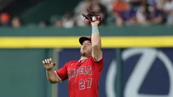 Mike Trout #27 of the Los Angeles Angels catches a fly ball hit by Jeremy Peña #3 of the Houston Astros (not pictured) during the seventh inning at Daikin Park on April 11, 2025 in Houston, Texas.