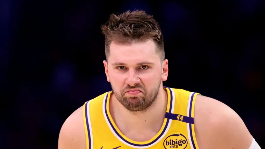 Luka Doncic #77 of the Los Angeles Lakers reacts after a basket during the third quarter against the Houston Rockets