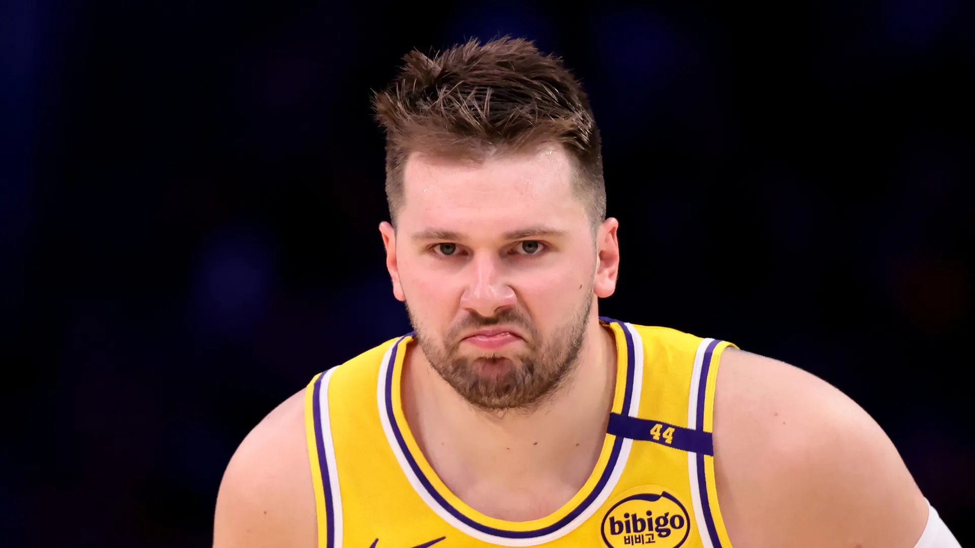 Luka Doncic #77 of the Los Angeles Lakers reacts after a basket during the third quarter against the Houston Rockets