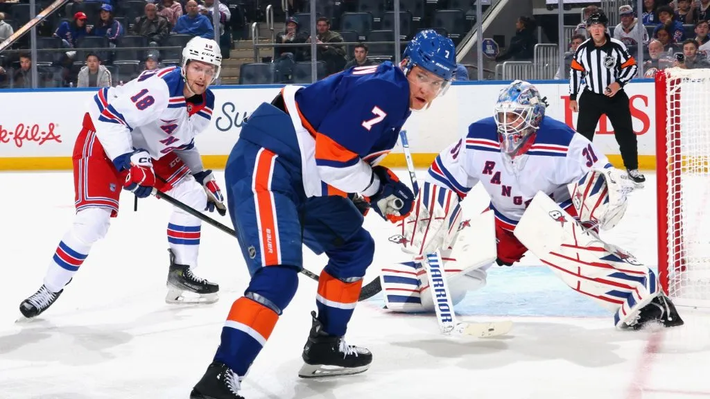 ELMONT, NEW YORK – APRIL 10: Maxim Tsyplakov #7 of the New York Islanders skates against the New York Rangers at UBS Arena on April 10, 2025 in Elmont, New York. (Photo by Bruce Bennett/Getty Images)