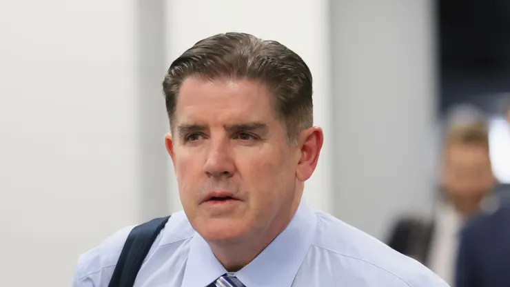 Head coach of the New York Rangers Peter Laviolette arrives for the game against the New York Islanders at UBS Arena on April 10, 2025 in Elmont, New York.