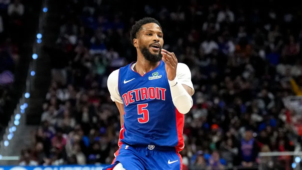 Malik Beasley #5 of the Detroit Pistons jumps in celebration after scoring a 3-point basket against the Cleveland Cavaliers