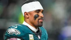 Jalen Hurts #1 of the Philadelphia Eagles looks on from the sidelines as they play the Washington Commanders during the third quarter at Lincoln Financial Field on November 14, 2024 in Philadelphia, Pennsylvania.