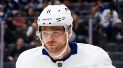 Max Domi #11 of the Toronto Maple Leafs celebrates his goal during the first period against the Anaheim Ducks at Honda Center on March 30, 2025 in Anaheim, California.