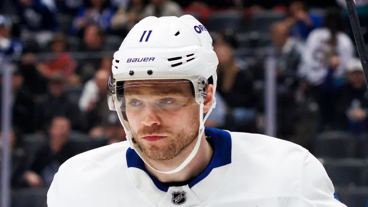 Max Domi #11 of the Toronto Maple Leafs celebrates his goal during the first period against the Anaheim Ducks at Honda Center on March 30, 2025 in Anaheim, California.