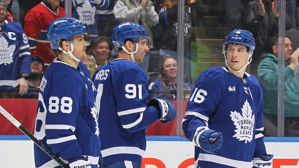 TORONTO, CANADA – APRIL 12: Mitchell Marner #16 of the Toronto Maple Leafs celebrates a winning goal against the Montreal Canadiens during the overtime period of an NHL game at Scotiabank Arena on April 12, 2025 in Toronto, Ontario, Canada. The Maple Leafs defeated the Canadiens 1-0 in overtime. (Photo by Claus Andersen/Getty Images)
