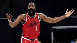 James Harden #1 of the Los Angeles Clippers reacts to a foul call during the second quarter against the Cleveland Cavaliers at Intuit Dome on March 18, 2025 in Inglewood, California.