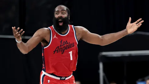James Harden #1 of the Los Angeles Clippers reacts to a foul call during the second quarter against the Cleveland Cavaliers at Intuit Dome on March 18, 2025 in Inglewood, California.