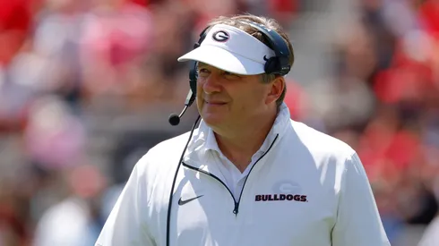 Head coach Kirby Smart of the Georgia Bulldogs looks on during the first quarter of the spring G Day game at Sanford Stadium on April 12, 2025 in Athens, Georgia.
