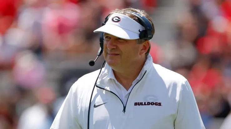 Head coach Kirby Smart of the Georgia Bulldogs looks on during the first quarter of the spring G Day game at Sanford Stadium on April 12, 2025 in Athens, Georgia.