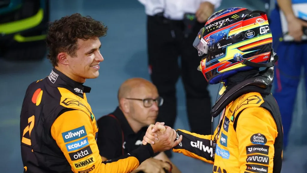 Lando Norris greeting his teammate Oscar Piastri