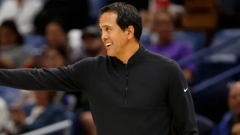 Head coach Erik Spoelstra of the Miami Heat calls a play during the first half of a game against the New Orleans Pelicans at Smoothie King Center on April 11, 2025 in New Orleans, Louisiana.