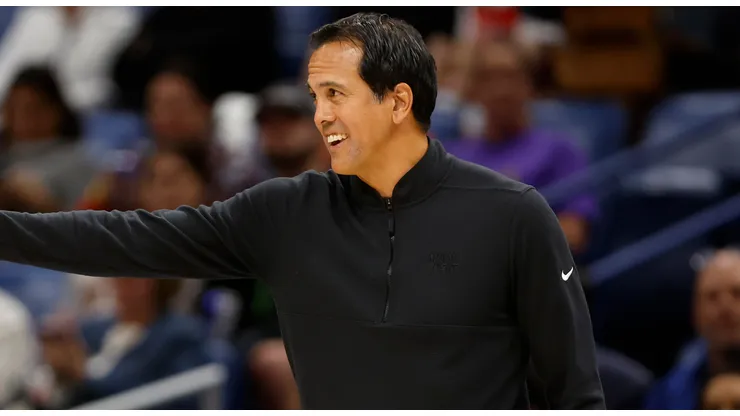 Head coach Erik Spoelstra of the Miami Heat calls a play during the first half of a game against the New Orleans Pelicans at Smoothie King Center on April 11, 2025 in New Orleans, Louisiana.