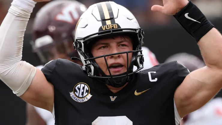 Diego Pavia #2 of the Vanderbilt Commodores celebrates during the first half of the game against the Virginia Tech Hokies at FirstBank Stadium on August 31, 2024 in Nashville, Tennessee.