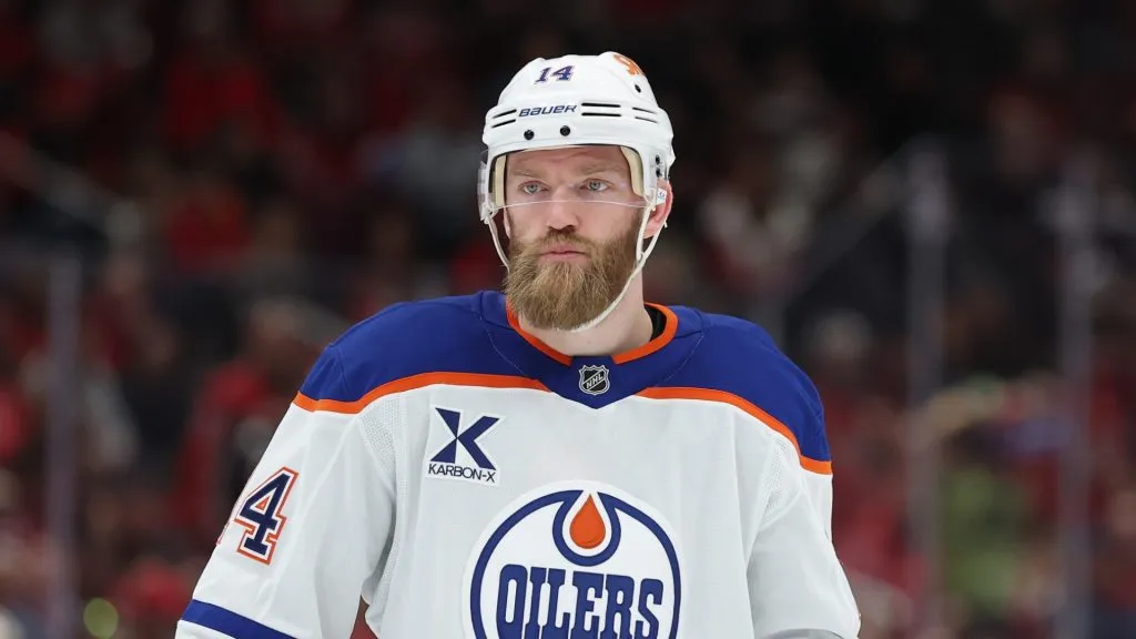 Mattias Ekholm, #14 of the Edmonton Oilers, during an NHL game against the Washington Capitals at Capital One Arena in Washington D.C., United States of America.